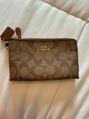 Coach Brown Signature Monogram Zip Wallet  with Gold Accents